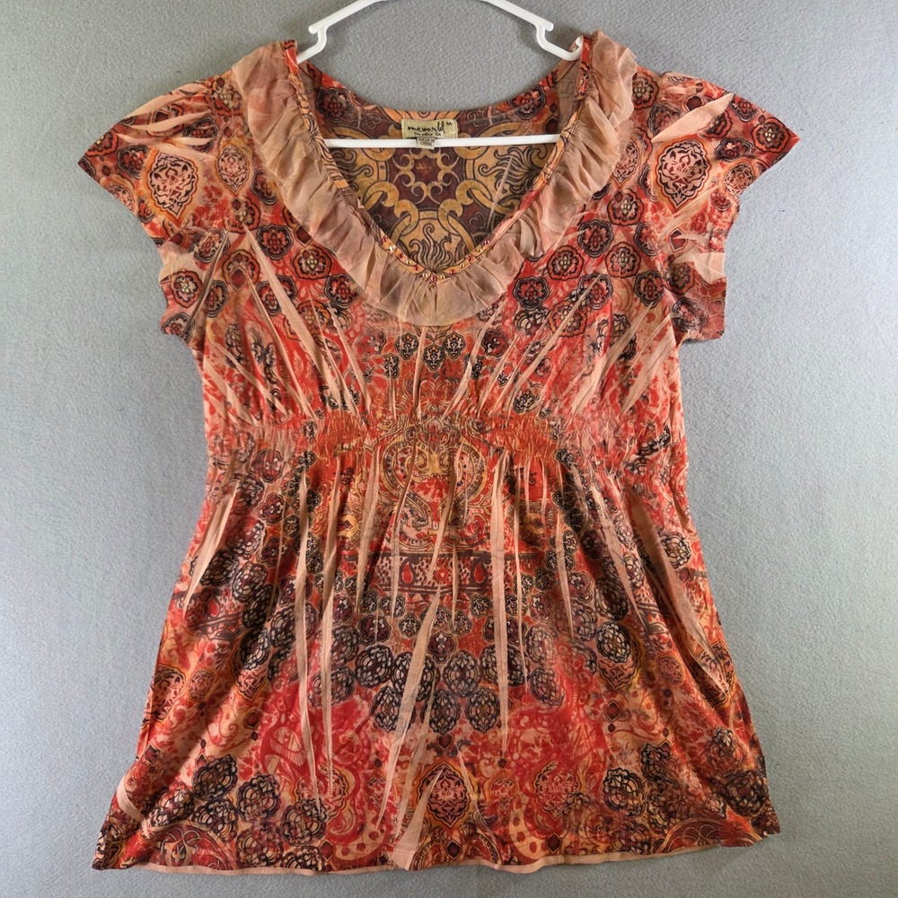 One World Women Orange Paisley Ruffle Empire Waist Top Y2K Fairy Hippie Medium